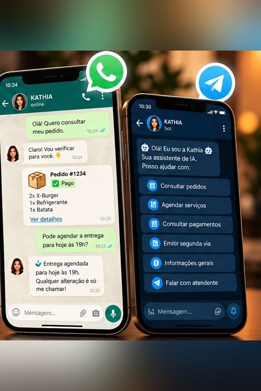 Kathia atendendo no WhatsApp e no Telegram